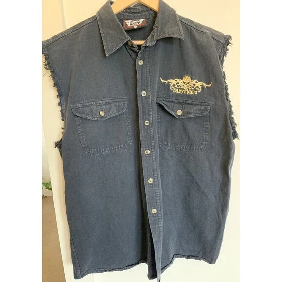 Easy Riders Southern Steel Biker Large Black Denim Vest Mechanic Grunge Y2K Goth - Picture 1 of 9